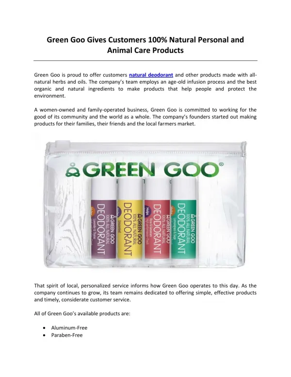 Green Goo Gives Customers 100% Natural Personal and Animal Care Products
