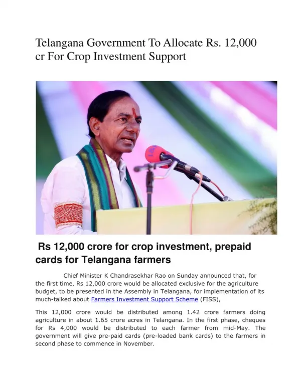 Rs 12,000 crore for crop investment, prepaid cards for Telangana farmers