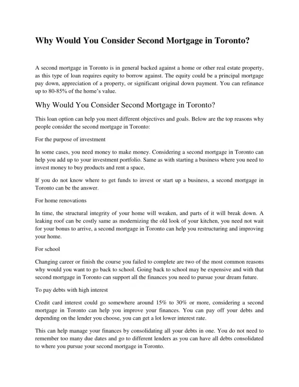 WHY WOULD YOU CONSIDER SECOND MORTGAGE IN TORONTO?