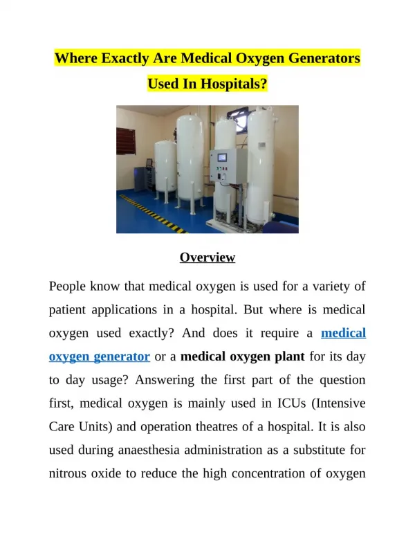Where Exactly Are Medical Oxygen Generators Used In Hospitals?