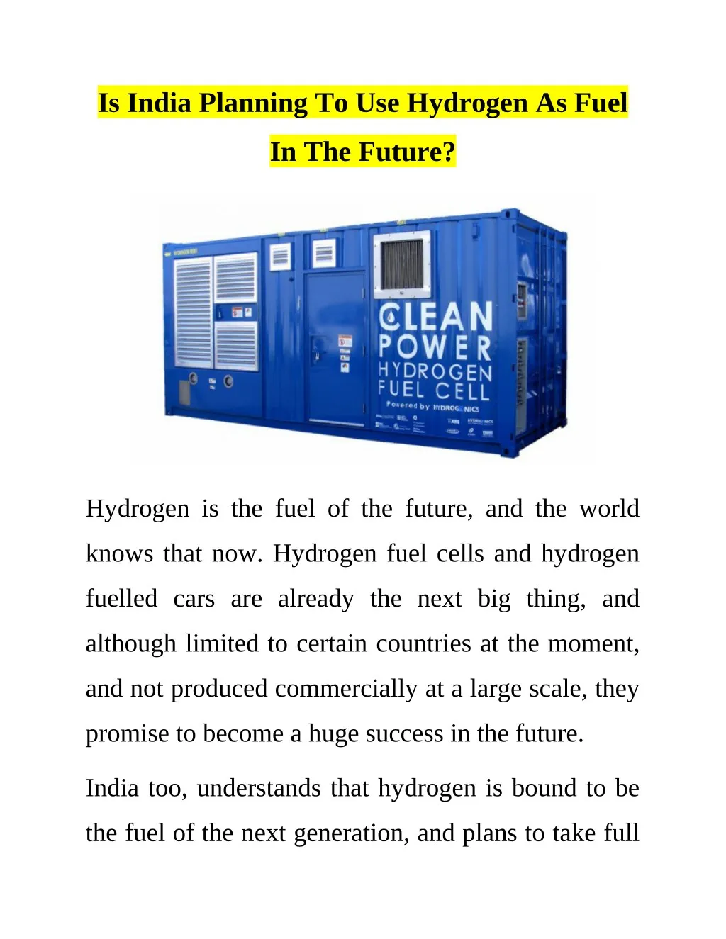 is india planning to use hydrogen as fuel