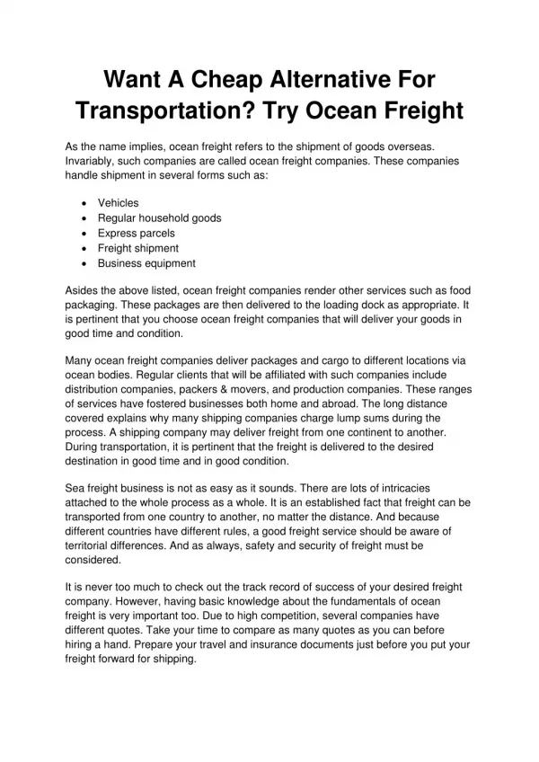 Want A Cheap Alternative For Transportation? Try Ocean Freight