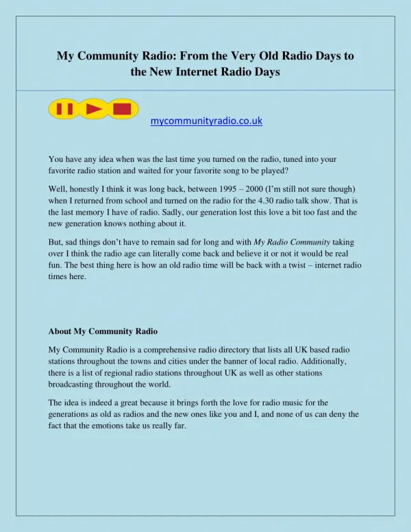 My Community Radio: From the Very Old Radio Days to the New Internet Radio Days