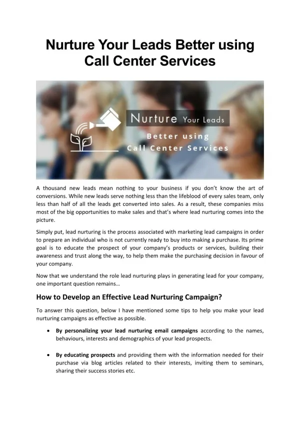 Nurture Your Leads Better using Call Center Services