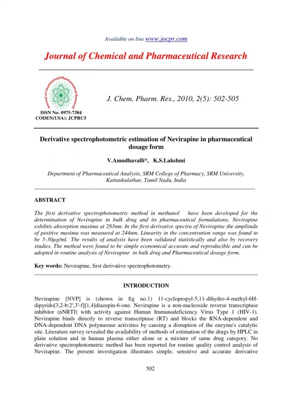 Derivative spectrophotometric estimation of Nevirapine in pharmaceutical dosage form