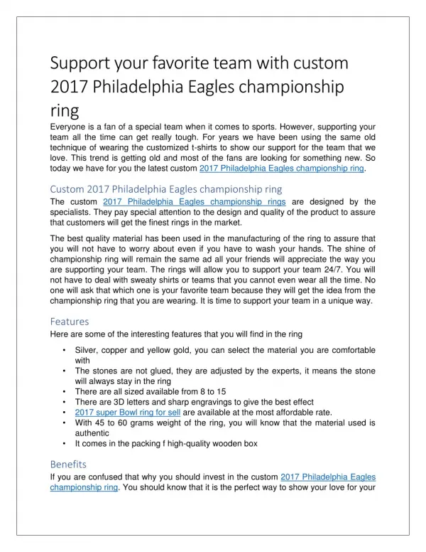 Support your favorite team with custom 2017 Philadelphia Eagles championship ring