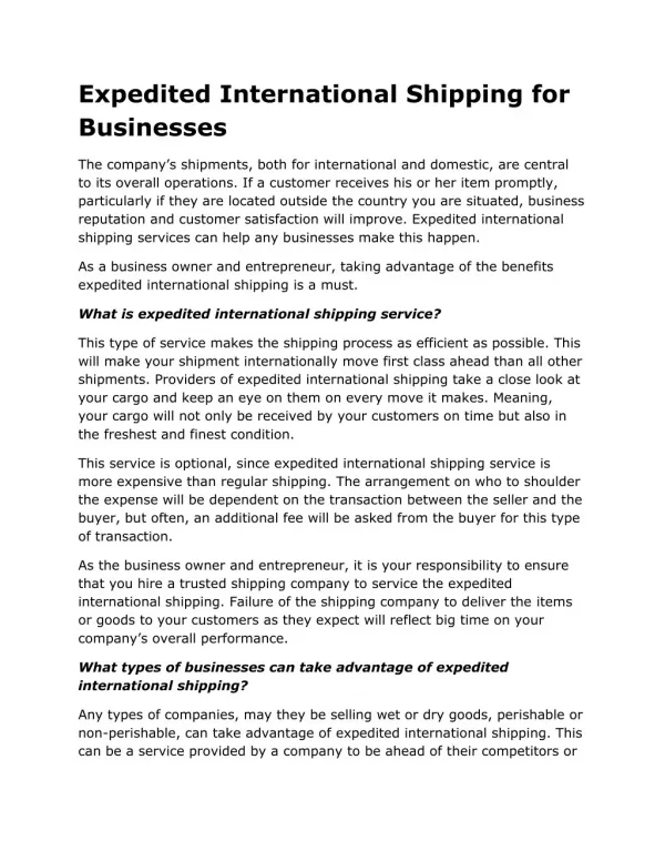 Expedited International Shipping for Businesses