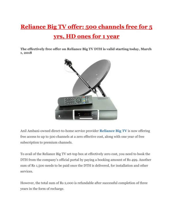 Reliance Big TV offer: 500 channels free for 5 yrs, HD ones for 1 year