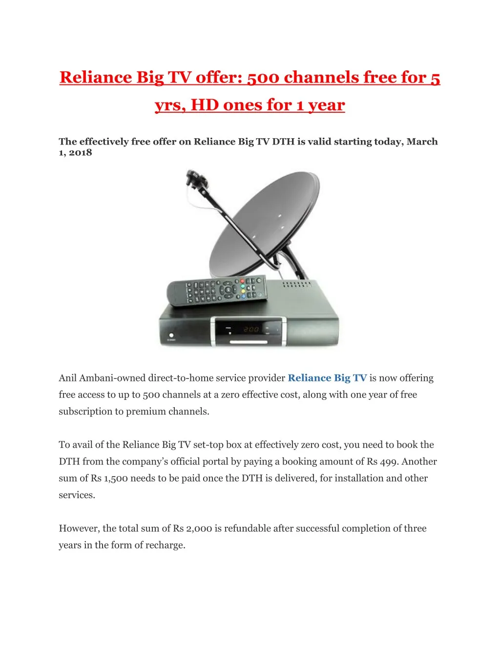 reliance big tv offer 500 channels free for 5