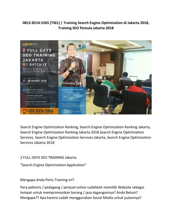 0812-8214-5265 [TSEL] | Training Search Engine Optimization di Jakarta 2018, Training SEO Pemula Jakarta 2018
