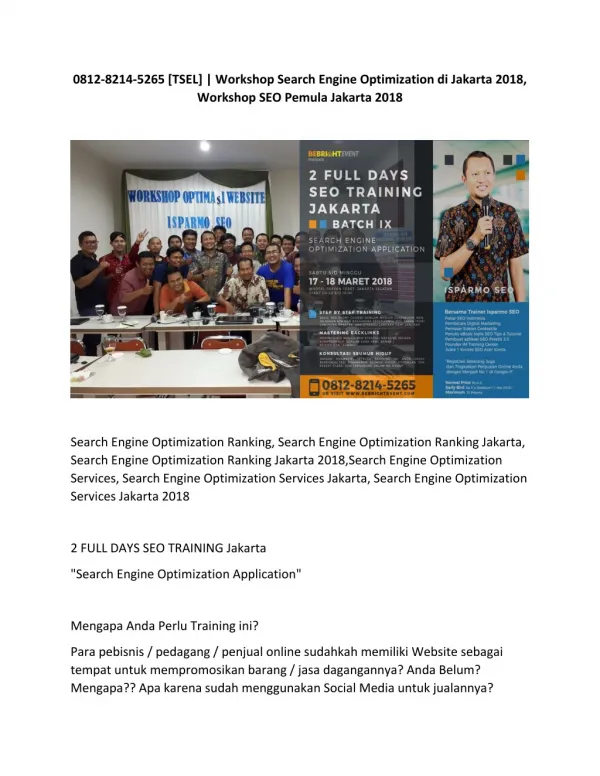 0812-8214-5265 [TSEL] | Workshop Search Engine Optimization di Jakarta 2018, Workshop SEO Pemula Jakarta 2018