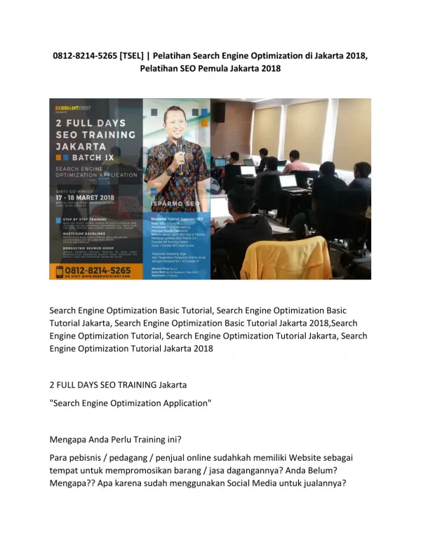 0812-8214-5265 [TSEL] | Pelatihan Search Engine Optimization di Jakarta 2018, Pelatihan SEO Pemula Jakarta 2018
