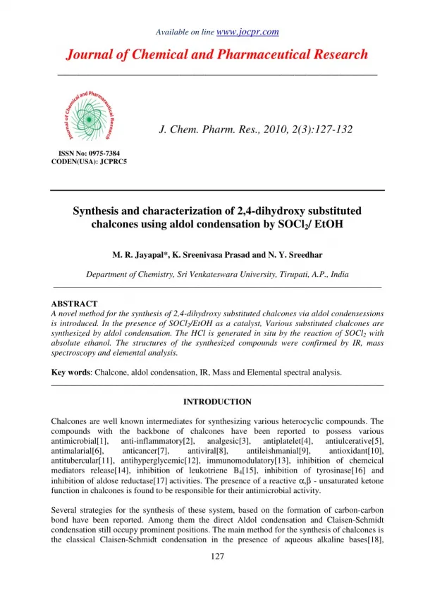 Synthesis and characterization of 2,4-dihydroxy substituted chalcones using aldol condensation by SOCl2/ EtOH