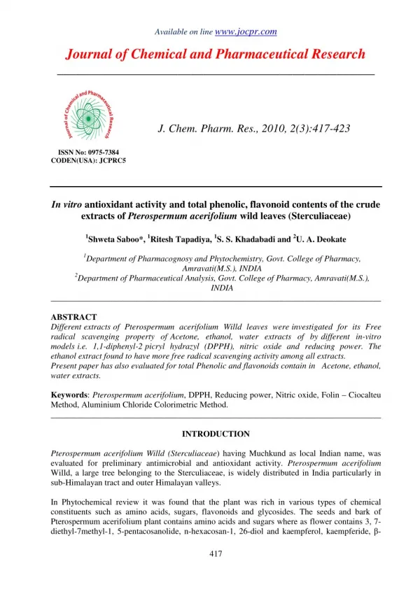 In vitro antioxidant activity and total phenolic, flavonoid contents of the crude extracts of Pterospermum acerifolium w