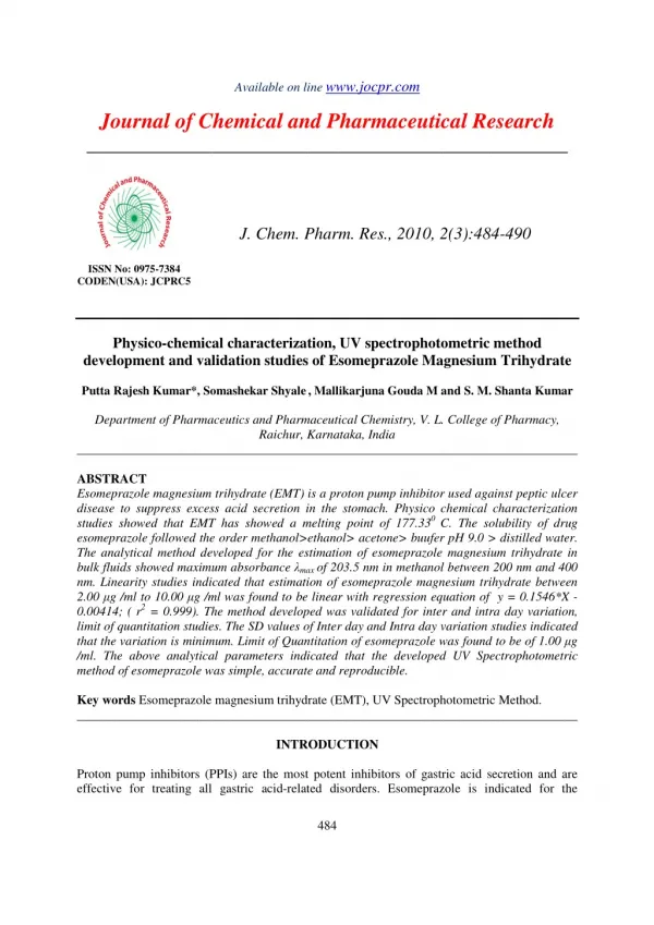 Physico-chemical characterization, UV spectrophotometric method development and validation studies of Esomeprazole Magne