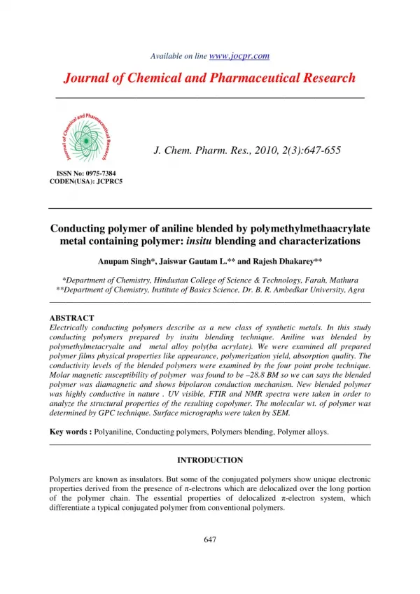 Conducting polymer of aniline blended by polymethylmethaacrylate metal containing polymer: insitu blending and character