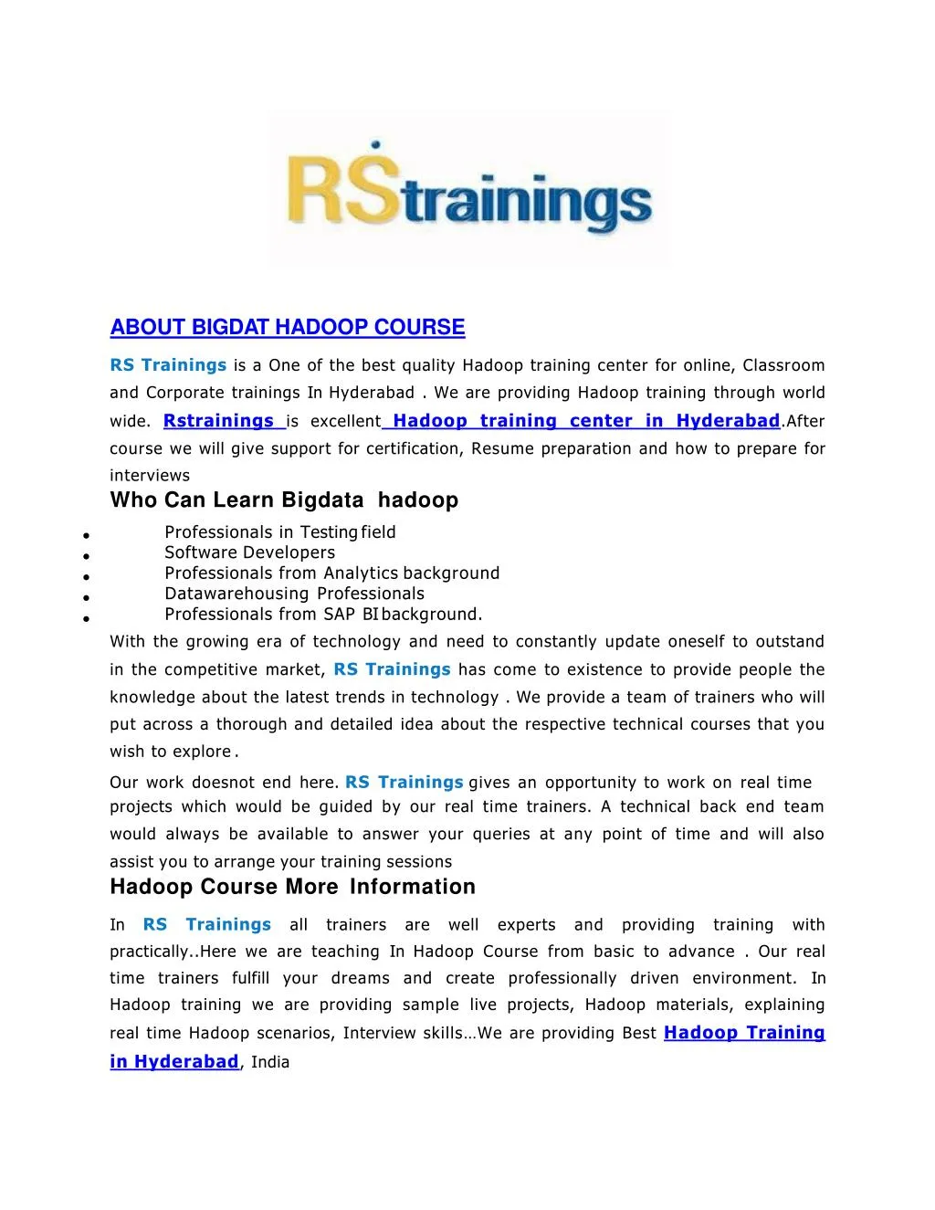 about bigda t hadoop course rs trainings