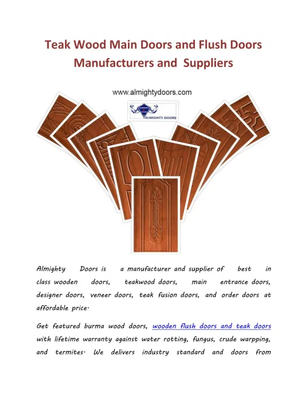 Wooden Teak Doors, Main Doors and Flush Doors Manufacturers and Suppliers