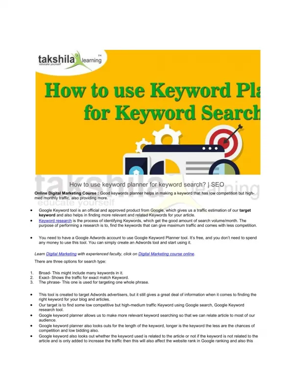 How to use keyword planner for keyword search? | SEO | Takshilalearning