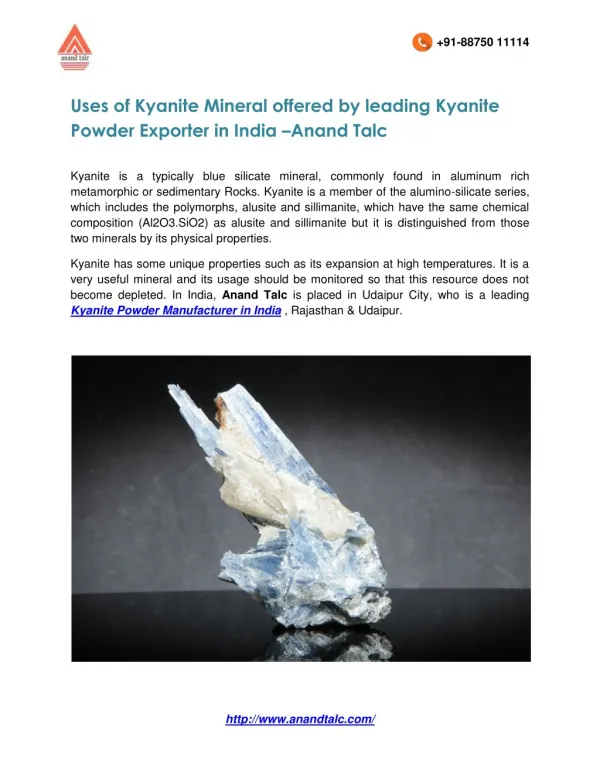 Uses of Kyanite Mineral offered by leading Kyanite Powder Exporter in India –Anand Talc