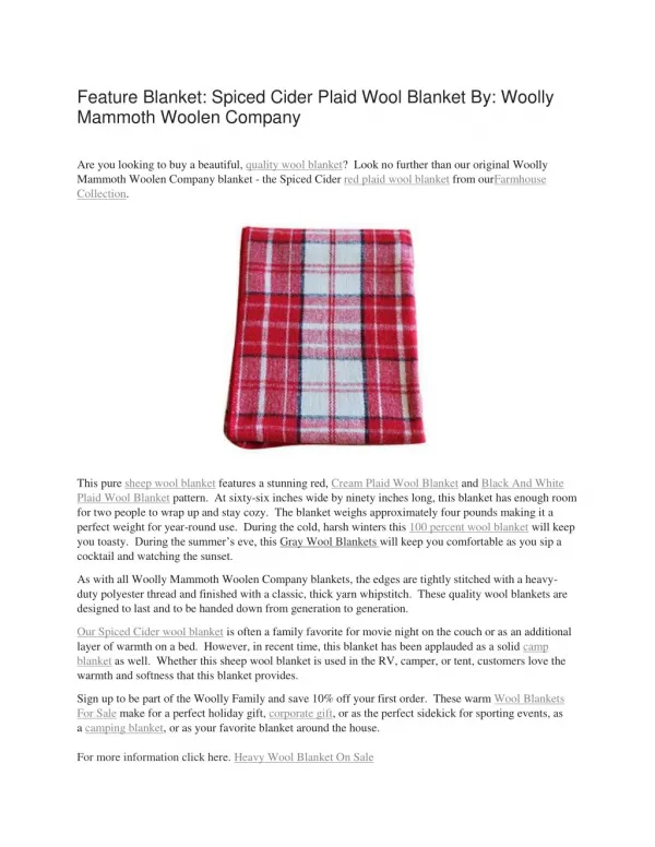 Feature Blanket: Spiced Cider Plaid Wool Blanket By: Woolly Mammoth Woolen Company