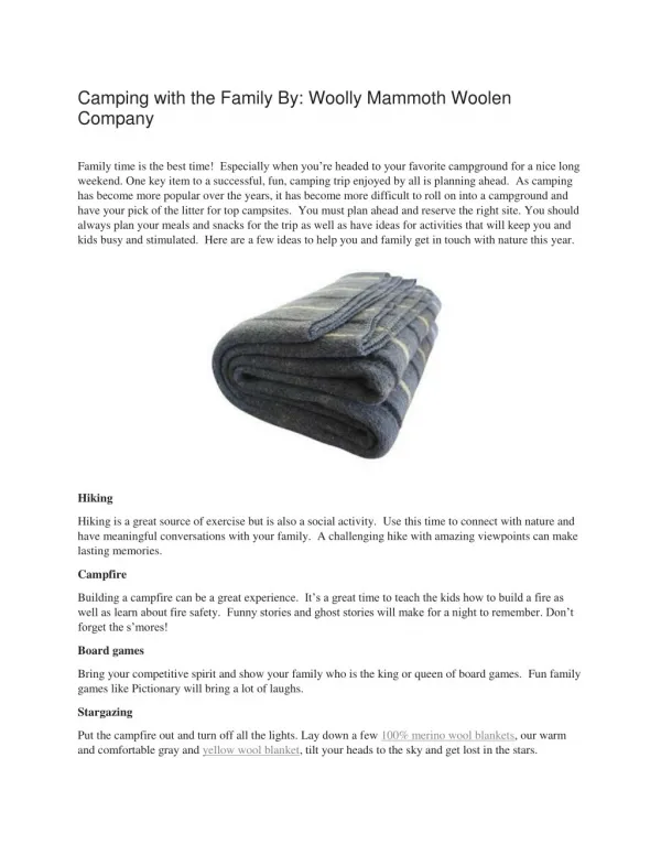Camping with the Family By: Woolly Mammoth Woolen Company