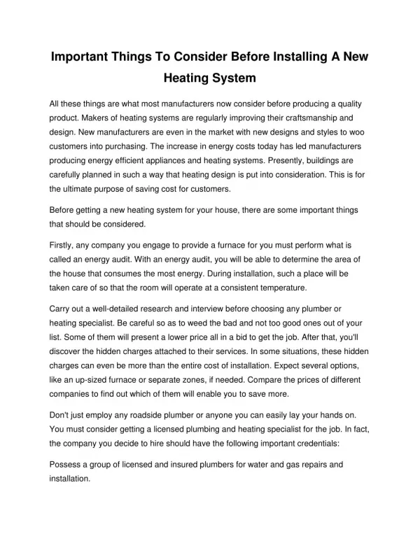 Important Things To Consider Before Installing A New Heating System