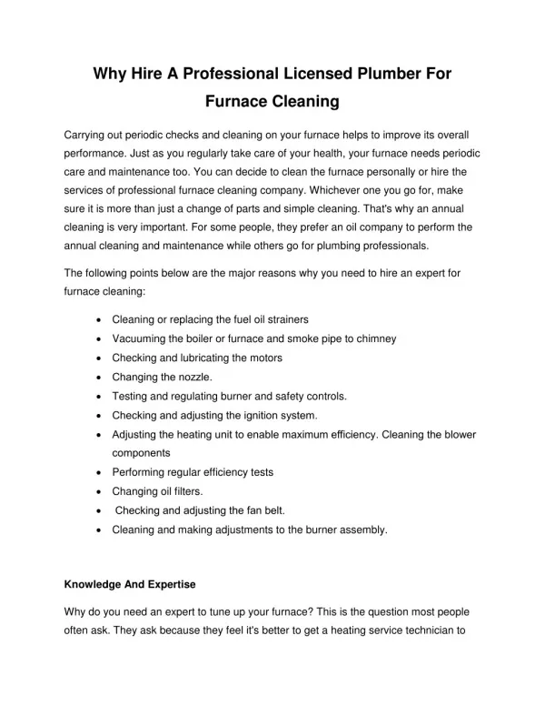 Why Hire A Professional Licensed Plumber For Furnace Cleaning