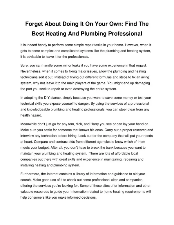 Forget About Doing It On Your Own: Find The Best Heating And Plumbing Professional