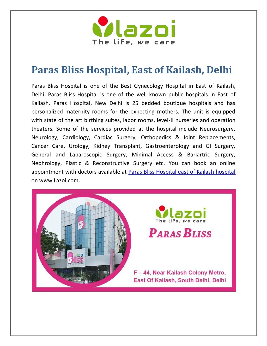 paras bliss hospital east of kailash delhi