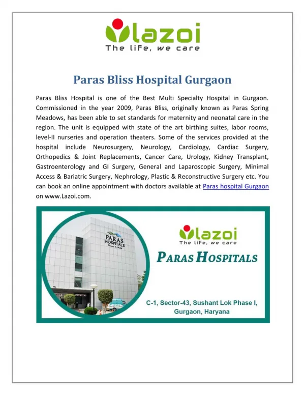 Paras Bliss Hospital Gurgaon, Multi Specialty Hospital in Gurgaon