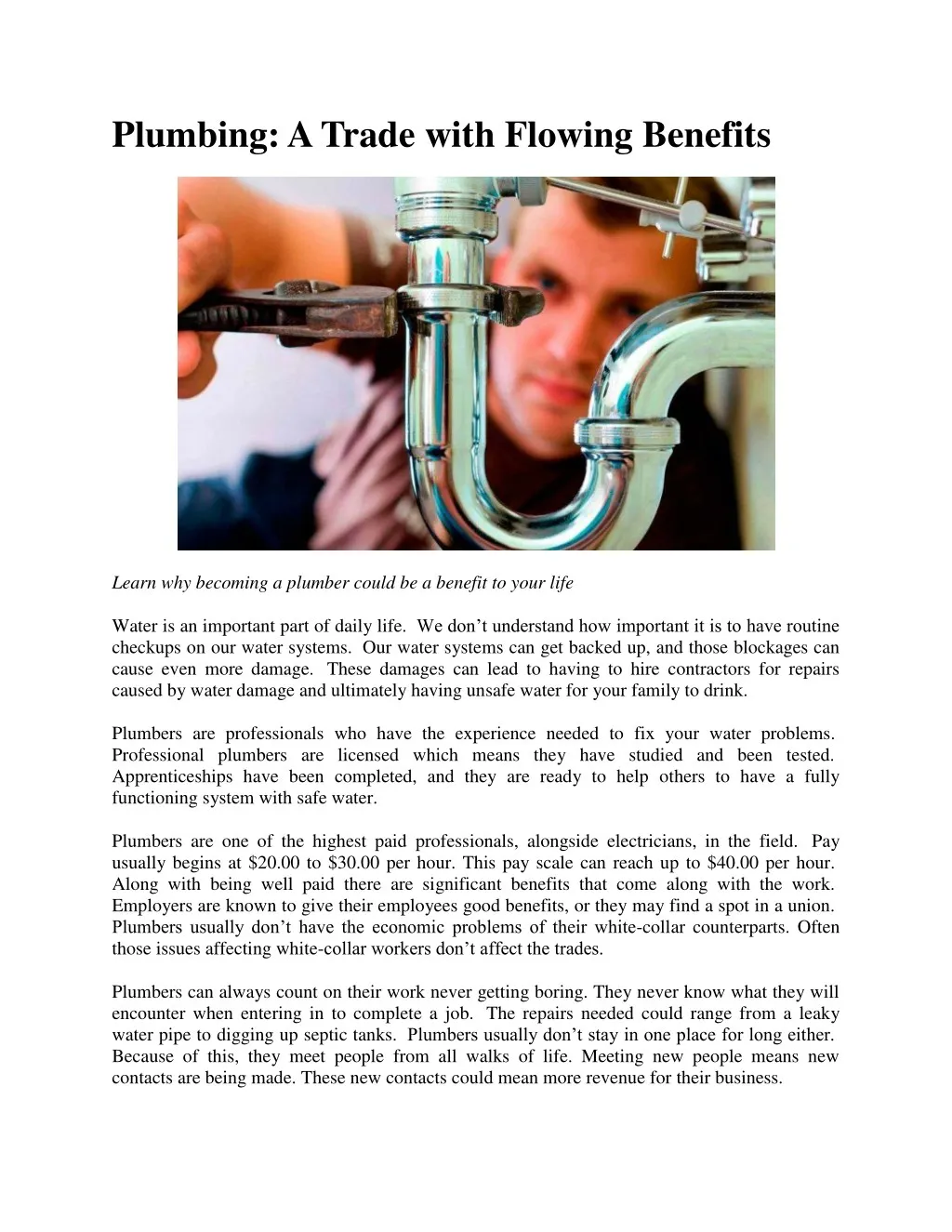 plumbing a trade with flowing benefits