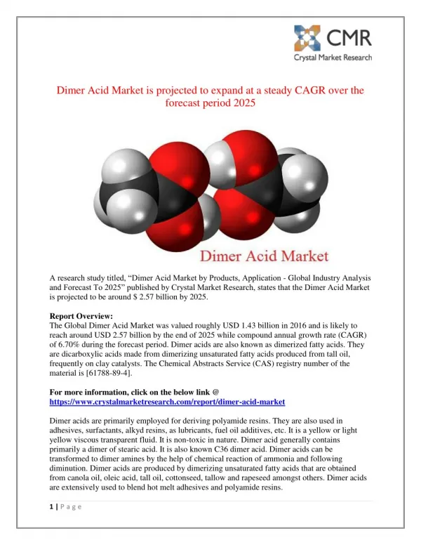 Dimer Acid Market worth USD 2.57 Billion By 2025 - Crystal Market research