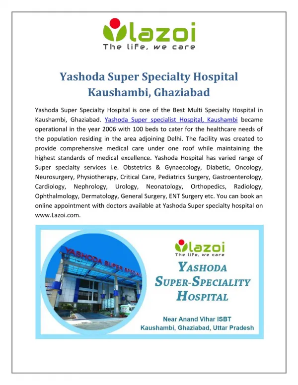 Yashoda Super Specialty Hospital, Yashoda Hospital Kaushambi, Ghaziabad