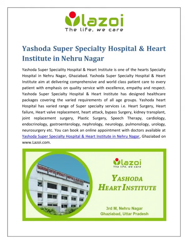 Yashoda Super Specialty Hospital & Heart Institute in Nehru Nagar, Ghaziabad