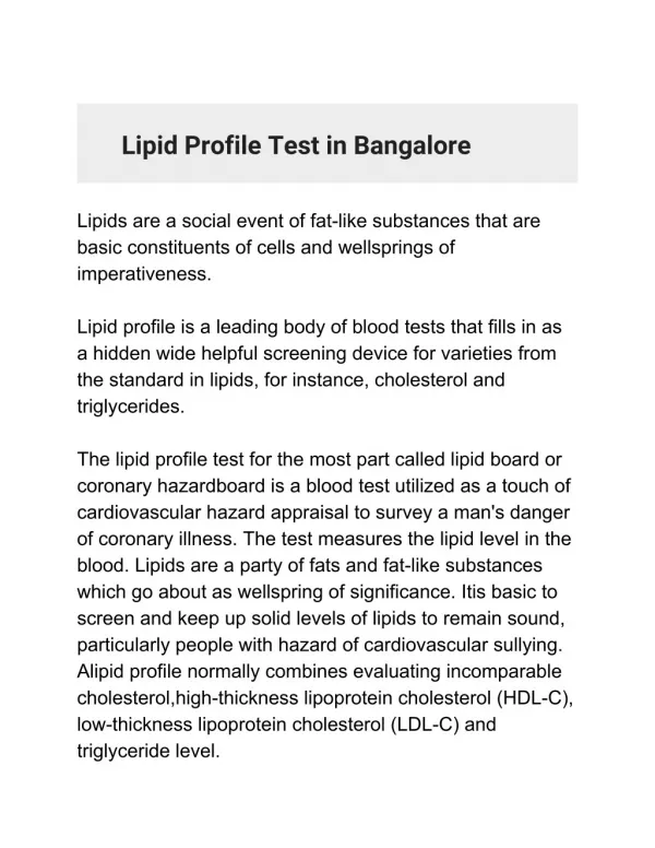 Lipid Profile Test in Bangalore