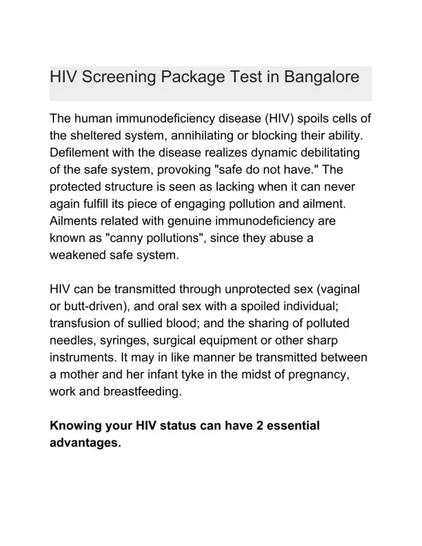 Hiv package test in bangalore