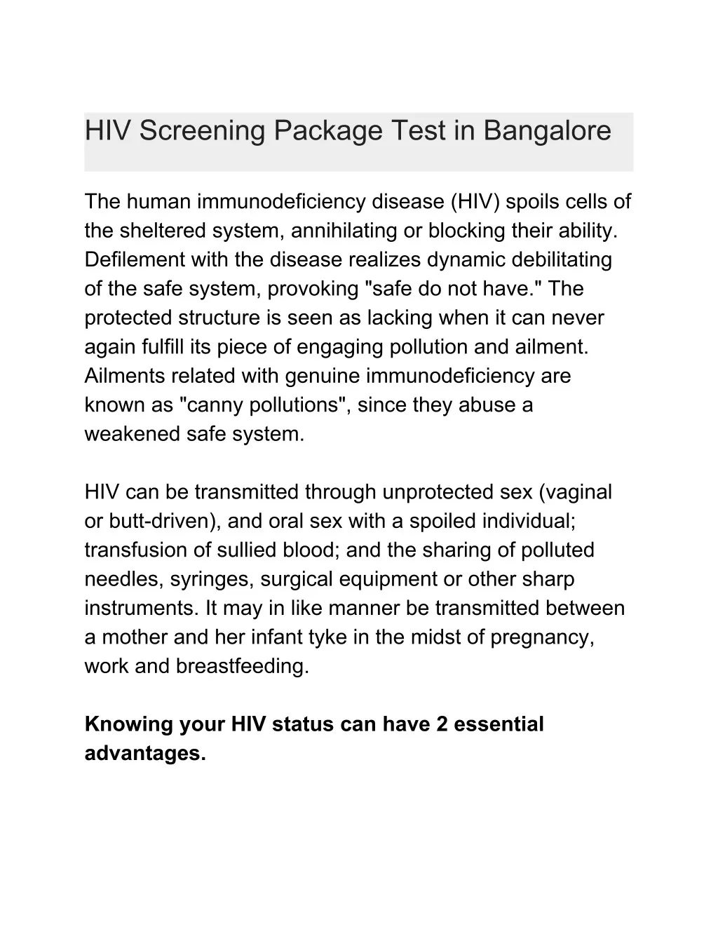 hiv screening package test in bangalore