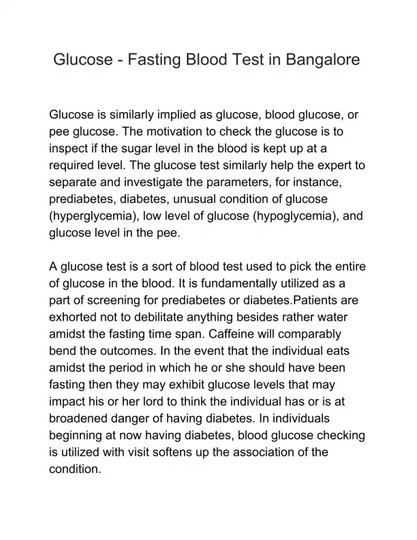 Glucose - Fasting Blood Test in Bangalore