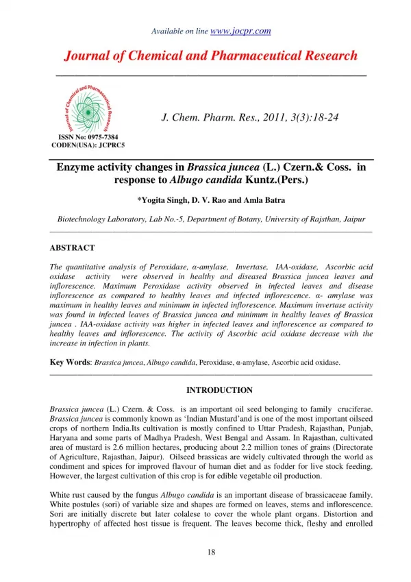 Enzyme activity changes in Brassica juncea (L.) Czern.& Coss. in response to Albugo candida Kuntz.(Pers.)