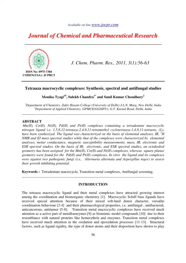 Tetraaza macrocyclic complexes: Synthesis, spectral and antifungal studies