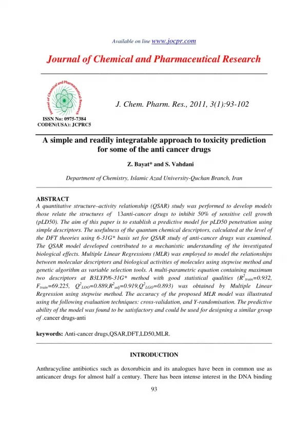 A simple and readily integratable approach to toxicity prediction for some of the anti cancer drugs