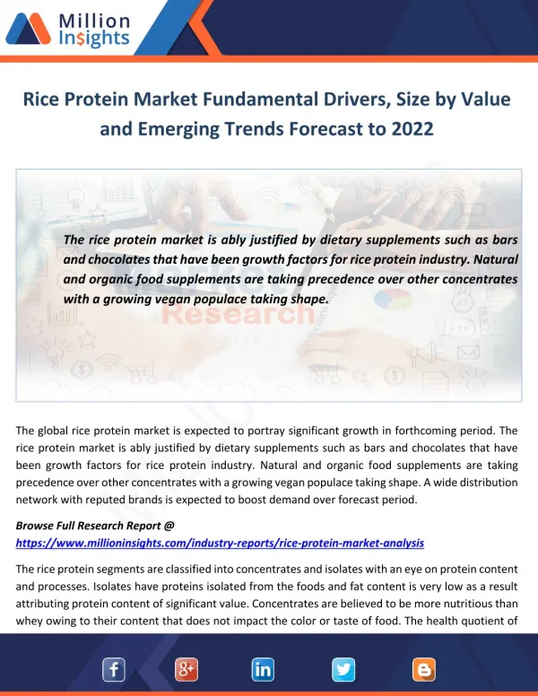 Rice Protein Market Fundamental Drivers, Size by Value and Emerging Trends Forecast to 2022
