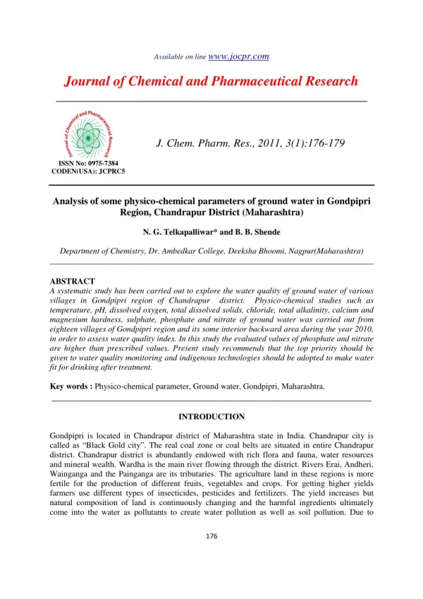 Analysis of some physico-chemical parameters of ground water in Gondpipri Region, Chandrapur District (Maharashtra)