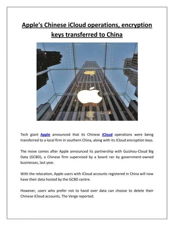 Apple's Chinese ICloud Operations, Encryption Keys Transferred to China