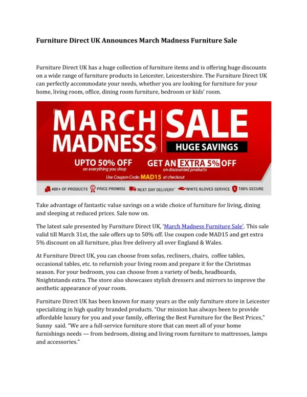 Furniture Direct UK Announces March Madness Furniture Sale