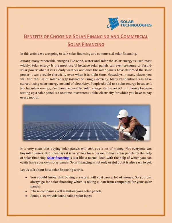 Benefits Of Choosing Solar Financing And Commercial Solar Financing - Solar Technologies