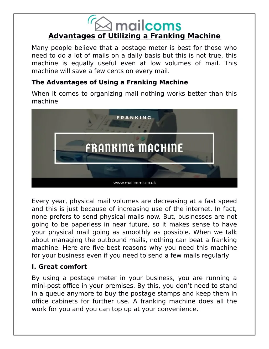 advantages of utilizing a franking machine