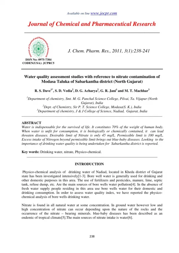 Water quality assessment studies with reference to nitrate contamination of Modasa Taluka of Sabarkantha district (North