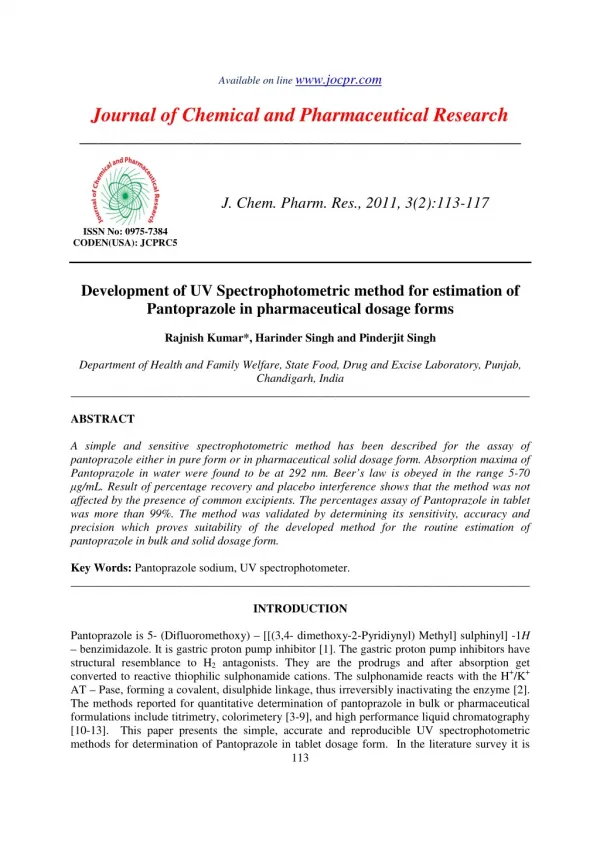 Development of UV Spectrophotometric method for estimation of Pantoprazole in pharmaceutical dosage forms